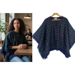 Poncho Sweater Tunic OS Vintage Black Watch Plaid Tartan Fisherman Core Wrap